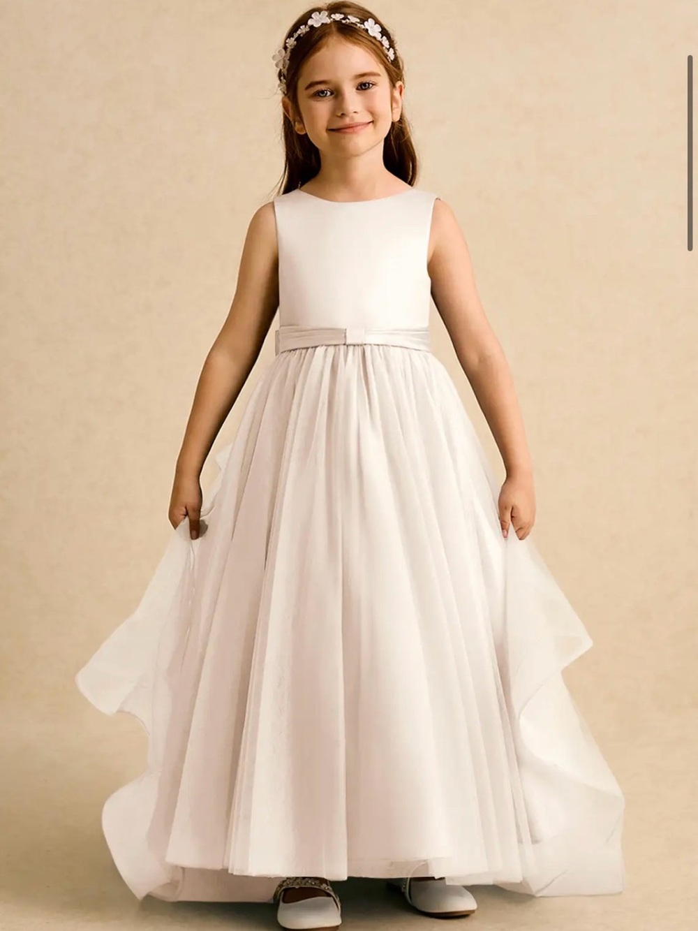 Azazie Lior Flower Girl Dress - White Alabaster with removable tulle and bow